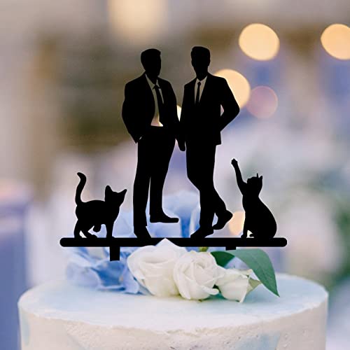 Mr and Mr Custom Gay Wedding Party Topper Same Sex Couple With Dog and Cat Rustic Cake Topper Gay Couple Silhouette LGBT Engagement Cake Toppers with Pug Dog and Chihuahua Black Acrylic Topper von BoTingKaiDZ