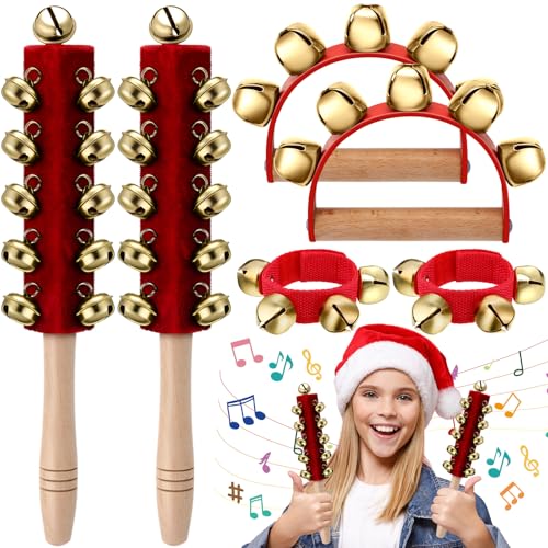 Boao 6 Stück Weihnachts-Handglocken mit Holzgriff, Schlittenglocken, Armband, Glocken, Instrument, Shaker Rassel, Musik-Percussion für Weihnachten, Partygeschenke (rot) von Boao