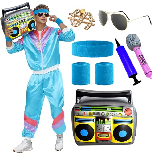 80er 90er Jahre Hip Hop Tanzkostüm Set Damen Herren Retro Trainingsanzug Halloween Motto Party Dress Up Outfits, Blau, XX-Large 80er 90er Jahre Hip Hop Tanzkostüm Set Damen Herren Retro Trainingsanzug Halloween Motto Party Dress Up Outfits, Blau, XX-Large von Bobiano