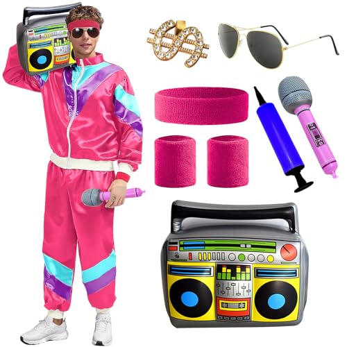 80er 90er Jahre Hip Hop Tanzkostüm Set Damen Herren Retro Trainingsanzug Halloween Motto Party Dress Up Outfits, Rosenrot, X-Large 80er 90er Jahre Hip Hop Tanzkostüm Set Damen Herren Retro Trainingsanzug Halloween Motto Party Dress Up Outfits, Rosenrot, X-Large von Bobiano