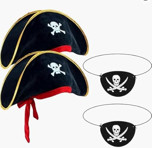 Bobiano Halloween Piratenhut, Piraten-Zubehör für Erwachsene, Totenkopf-Druck, Piratenkapitän, Kostüm, Kappe mit Augenklappe, 2 Stück Bobiano Halloween Piratenhut, Piraten-Zubehör für Erwachsene, Totenkopf-Druck, Piratenkapitän, Kostüm, Kappe mit Augenklappe, 2 Stück von Bobiano