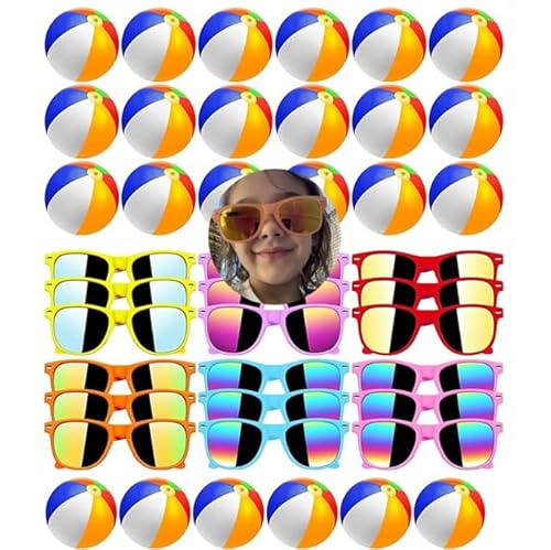 Boboeitody 60 Stk Sonnenbrille Party Bevorzugungen für Kinder 30 Neon Sonnenbrille 30 Stk 12" Beach Balls Kid Boys Mädchen Graduation Party Zubehör für (30 Neon Sonnenbrille &30Stk 12" Beach Balls) von Boboeitody