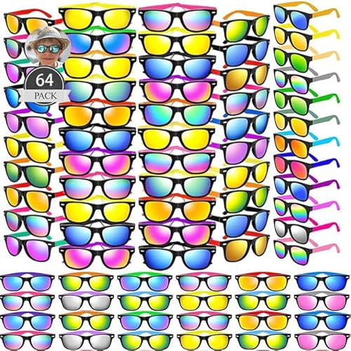Boboeitody 64 Stücke Bunte Neon Party Sonnenbrillen Set Vintage Coole Lustige Party Brillen Für Geburtstags, Sommer und Strandparty Geschenke,mit UV-Schutz für Kinder (16-Farben-Stil) von Boboeitody