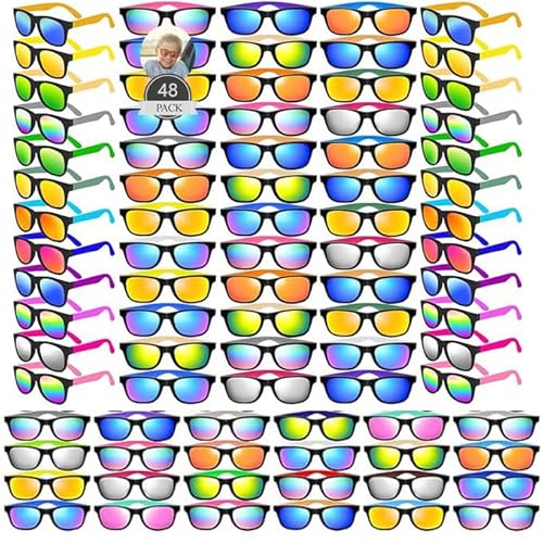 Boboeitody Sonnenbrille 48 Stücke Bunte Neon Party Sonnenbrillen Set Vintage Coole Lustige Party Brillen Für Geburtstags, Sommer und Strandparty Geschenke,mit UV-Schutz für Kinder (12-Farben-Stil) von Boboeitody