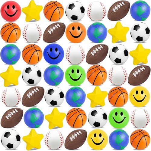 Bulk Mini-Stressbälle (60 Stück), 5,1–7,6 cm, weiche, zusammendrückbare, Basketball, Baseball, Fußball,Globe,Fußball, Stern,Lächeln Für Finger Übertragung, Schulreise,Party Tasche Füller von Boboeitody