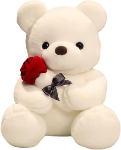 Bocguy Teddybär Plüsch, 35cm Teddybär mit Rose, Stofftier Spielzeug Dekozimmer Kissen für Weihnachten, Valentinstag, Geburtstag Heimdekoration (35cm, Weiß) von Bocguy
