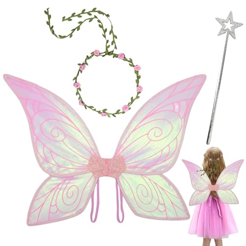 Feenflügel Kinder, 3 STK Feen Kostüm Damen, Feenflügel Erwachsene, Schmetterlingsflügel Kinder, Fairy Wings Mädchen mit Blumenkranz&Zauberstab für Fasching Karneval Geburtstags Cosplay Party(Rosa) von Bocguy