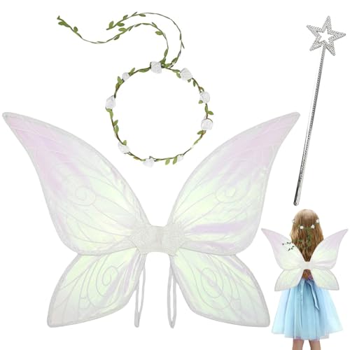 Feenflügel Kinder, 3 STK Feen Kostüm Damen, Feenflügel Erwachsene, Schmetterlingsflügel Kinder, Fairy Wings Mädchen mit Blumenkranz&Zauberstab für Fasching Karneval Geburtstags Cosplay Party(Weiß) von Bocguy