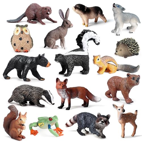 Bocguy 16 STK Tiere Figuren, Waldtiere Figuren, Tierfiguren Set, Mini Figuren Wald Tiere Figuren Miniatur, Dschungel Safari Tiere Spielfiguren Deko Eule Igel Fuchs Eichhörnchen Bären Affen für Kuchen von Bocguy