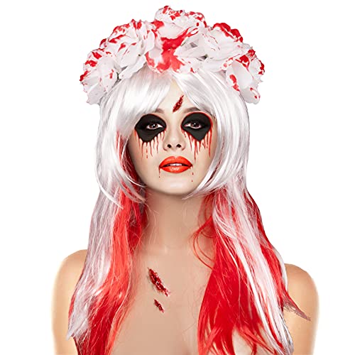 Bock op Kölle Perücken Langhaar Perücke + Haarreif Rosen Frauen Männer Perücke Kostüm Party Halloween rot weiß von Bock op Kölle