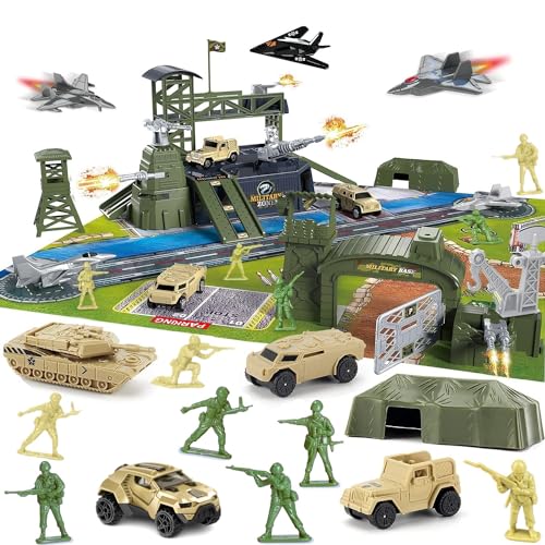 Militär-Basis-Set, Armee-Spielset mit Fahrzeugzubehör und Spielkarte, Mini-Armee-Spielzeug, Geschenke für Jungen und Mädchen, 3, 4, 5, 6, 7, 8 Jahre, 46-teilig von Boderam
