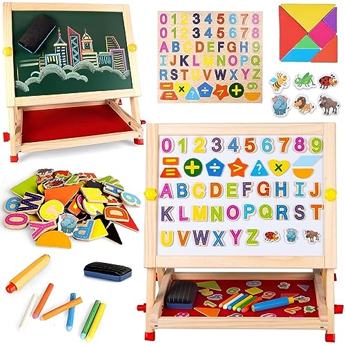 Kinder-Tischstaffelei aus Holz, doppelseitig, magnetisch, Whiteboard, Kreidetafel mit Buchstaben, Zahlen und anderem Zubehör, Geschenk für Jungen und Mädchen, 3, 4, 5, 6, 7, 8 Jahre alt von Boderam