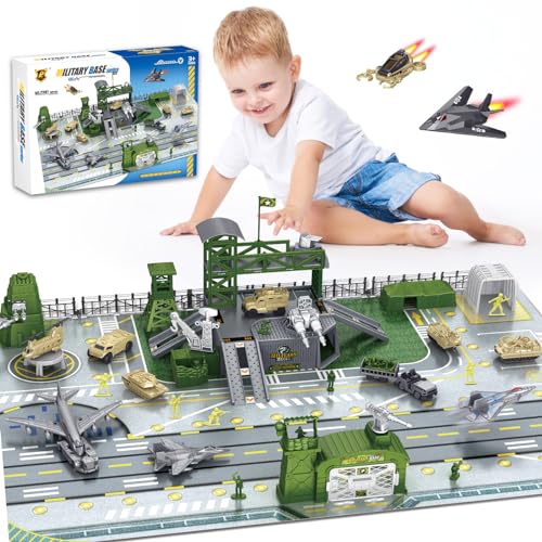 Militärbasis-Spielzeug-Set, Armee-Herren-Spielset mit Militärfahrzeug, Armee-Actionfiguren, Waffenausrüstung, Armee-Panzer, Flugzeug und Armeebasis, Spielkarte, Geschenke für 3, 4, 5, 6, 7, 8 Jahre von Boderam