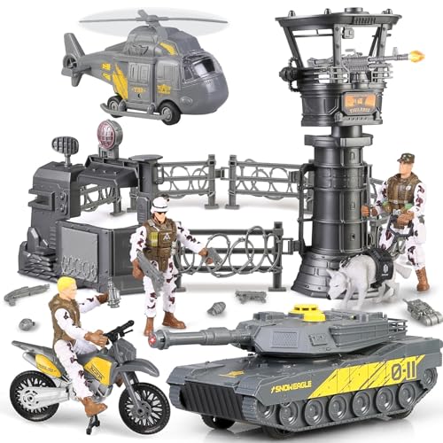 Militärische Basis Spielzeug Set, Militärfahrzeuge Hubschrauber Tank Spielzeug, Armee Männer Soldat Action Figuren und Waffen Ausrüstung Zubehör Militärische Kampf Motorrad Spielzeug Alter 3+ von Boderam