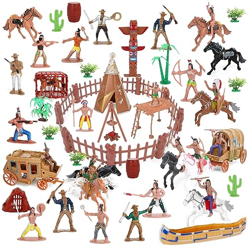 Wild West Cowboys und Indianer Kunststoff-Figuren, Spielset, 77-teilig, Lernspielzeug, Eimer mit Indianern, Actionfiguren und Zubehör für Kinder, Jungen, Mädchen, Alter 3 Jahre von Boderam
