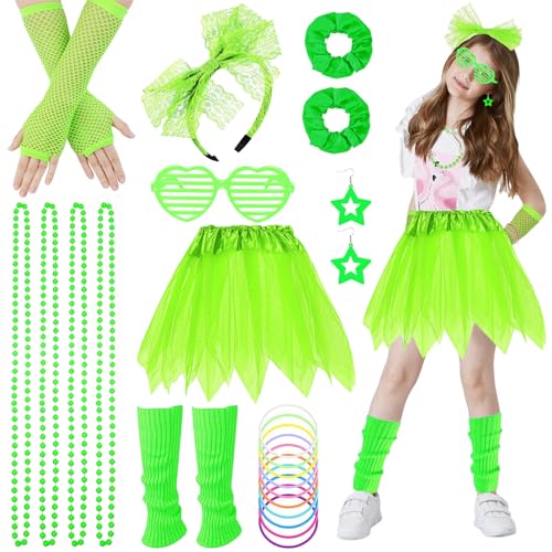 1980s Kostümzubehör Set für Mädchen, Kinder Fancy Kleid Neon Party Outfit mit Tutu Rock Fischnetz Handschuhe Beinwärmer Ohrringe Armbänder Halsketten Gläser für 80er 90er Jahre Party Karneval (Grün) von Bodorma