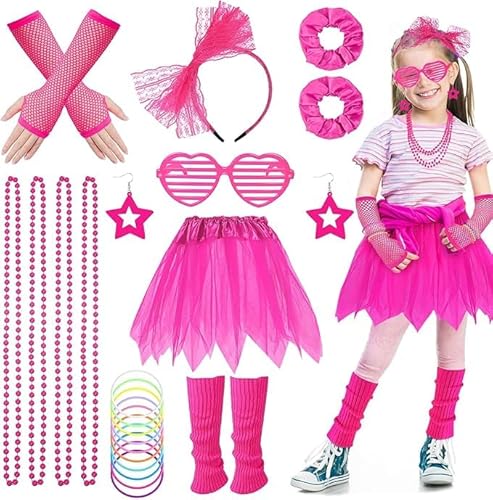1980s Kostümzubehör Set für Mädchen, Kinder Fancy Kleid Neon Party Outfit mit Tutu Rock Fischnetz Handschuhe Beinwärmer Ohrringe Armbänder Halsketten Gläser für 80er 90er Jahre Party Karneval (Rosa) 1980s Kostümzubehör Set für Mädchen, Kinder Fancy Kleid Neon Party Outfit mit Tutu Rock Fischnetz Handschuhe Beinwärmer Ohrringe Armbänder Halsketten Gläser für 80er 90er Jahre Party Karneval (Rosa) von Bodorma