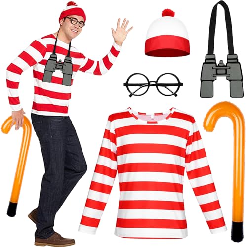 5Pcs Rot und Weiß gestreift für Erwachsene, Wally Kostüm mit kuschelige Strickmütze Rahmenlose Gläser Aufblasbare Krücken Filz Teleskop, Fancy Kleid Kostüm für Buchwoche Kostümparty von Bodorma
