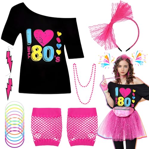 6er-Set 80er Kostümaccessoires für Frauen, 1980er Kostüm mit 80er T-Shirt, Stirnband, Blitzohrringen, Halskette, Armband, Netzarmbinde. Perfekt für Retro-Themenpartys, Cosplay Kostümverkleidungen(XXL) von Bodorma