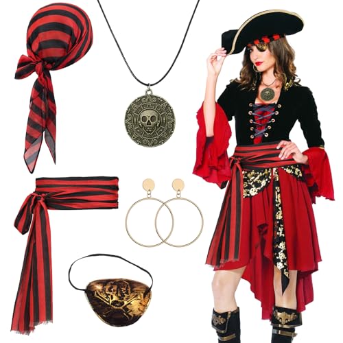 Piratenkostümzubehör, Mittelalterliches Halstuch - Set, Renaissance - Kapitän - Roleplay - Set mit farbenprächtigem Kopftuch, goldener Kette, Armband, Augenklappe und Ohrring für Frauen und Männer von Bodorma