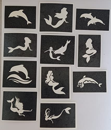 30 x kleine Mini-Schablonen mit Delfin- und Meerjungfrauen-Motiv für Glitzer-Tattoos/Airbrush/Gesichtsmalerei 30 x kleine Mini-Schablonen mit Delfin- und Meerjungfrauen-Motiv für Glitzer-Tattoos/Airbrush/Gesichtsmalerei von Body Art Desire