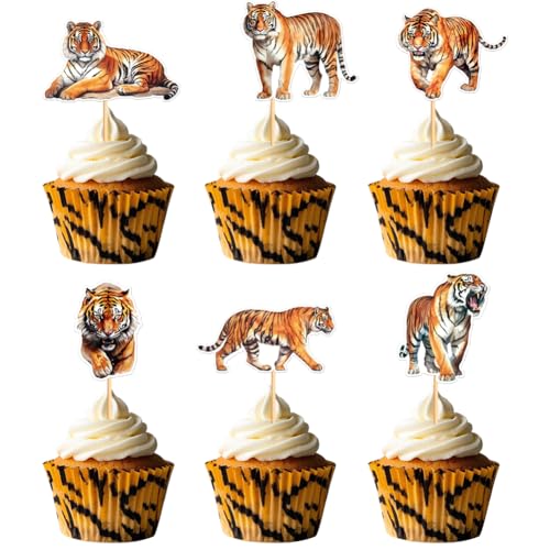 24 Cupcake-Topper mit Tiger-Motiv, realistische Wildtier-Kuchenpicker für Dschungel-Safari-Mottopartys, Tiger-Geburtstage, Babypartys und Wildtier-Feiern von Boerni