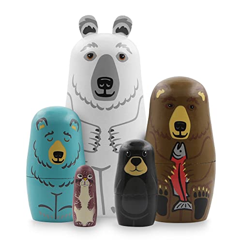 Boerni Set mit 5 Holztieren Bären, Nistpuppen, Eisbär Wiesel Seelöwe Matroschka Russische Puppen Stapelbar Spielzeug für Kinder Geburtstag Weihnachtsfeier Geschenk Home Decor von Boerni