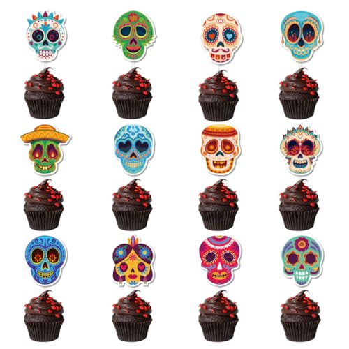 Cupcake-Topper, Motiv: Tag der Toten, Dia De Los Muertos, Cupcake-Picks, Skelett, Zucker, Totenkopf, mexikanischer Fiesta, Kuchenaufsatz für Halloween, Partyzubehör, 24 Stück von Boerni