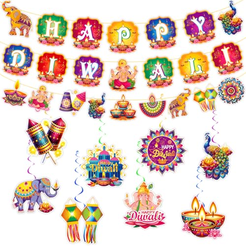 Diwali-Dekorationsset, Happy Diwali Banner mit 3 Girlanden und 8 hängenden Wirbel, bunter Papierkarton, Diwali-Partyzubehör für Lichterfest, Heim- und Event-Dekoration von Boerni