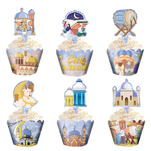 Eid Ramadan Mubarak Cupcake-Topper und Wrapper, 24 Stück, muslimische Moschee, Mond, Stern, Schaf, Cartoon-Druck, Cupcake-Dekorationen für Kinder, Jungen, Mädchen, muslimisches islamisches Thema, Eid von Boerni