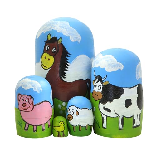 Holzpuppen mit Bauernhoftier-Motiv, 5 Stück, Motiv: Pferd, Kuh, Schwein, Schaf, Ente, russische Puppen aus Holz, stapelbar, für Kinder, Weihnachts- oder Geburtstagsgeschenk Holzpuppen mit Bauernhoftier-Motiv, 5 Stück, Motiv: Pferd, Kuh, Schwein, Schaf, Ente, russische Puppen aus Holz, stapelbar, für Kinder, Weihnachts- oder Geburtstagsgeschenk von Boerni