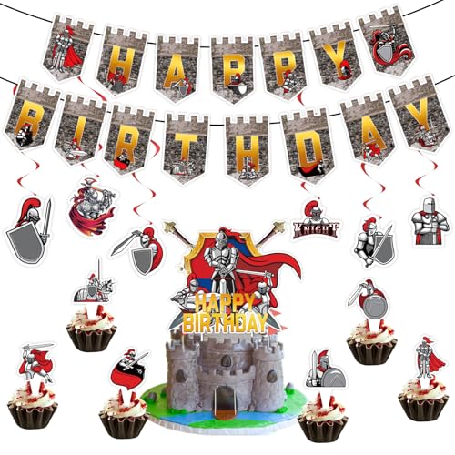Mittelalterliche Ritter-Geburtstagsdekorationen, Ritter-Themen-Geburtstagsparty-Zubehör, Ritter-Themen-Happy Birthday-Banner, Schloss-Kuchenaufsatz, hängende Wirbel und Cupcake-Topper Mittelalterliche Ritter-Geburtstagsdekorationen, Ritter-Themen-Geburtstagsparty-Zubehör, Ritter-Themen-Happy Birthday-Banner, Schloss-Kuchenaufsatz, hängende Wirbel und Cupcake-Topper von Boerni