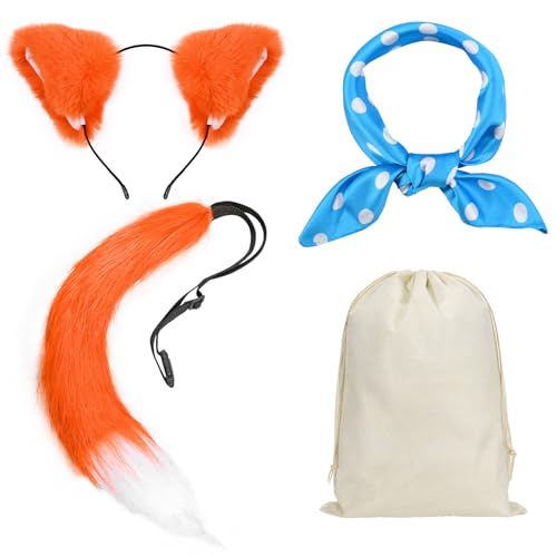 4-teiliges Fuchskostüm-Set enthält Fuchsohren, Stirnband, Schwanz, blaue und weiße Punkte, quadratische weiße Tasche für Weltbuchtag, Kostüm, Make-up 4-teiliges Fuchskostüm-Set enthält Fuchsohren, Stirnband, Schwanz, blaue und weiße Punkte, quadratische weiße Tasche für Weltbuchtag, Kostüm, Make-up von Bofeiya