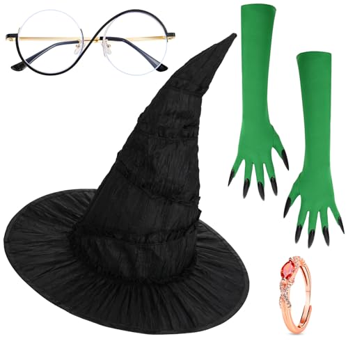 Bofeiya 4-teiliges Hexenkostüm mit schwarzem Hexenhut, Brille mit Handschuhen für Halloween, Film, Cosplay, Party von Bofeiya