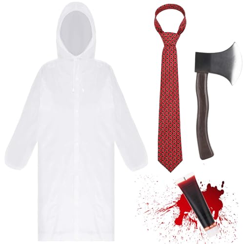 Bofeiya Halloween-Killer-Kostüm, Verkleidung mit Regenmantel, Krawatten, Kunstblut für Halloween, 4 Stück von Bofeiya