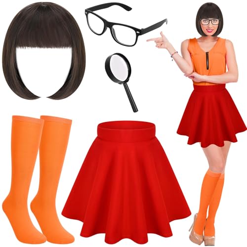 Bofeiya Halloween-Kostüm für Damen mit rotem Rock, braune Bob-Perücke, Kniestrümpfe, Brille für Halloween, Party, Cosplay, Zubehör, Größe M, 5 Stück von Bofeiya