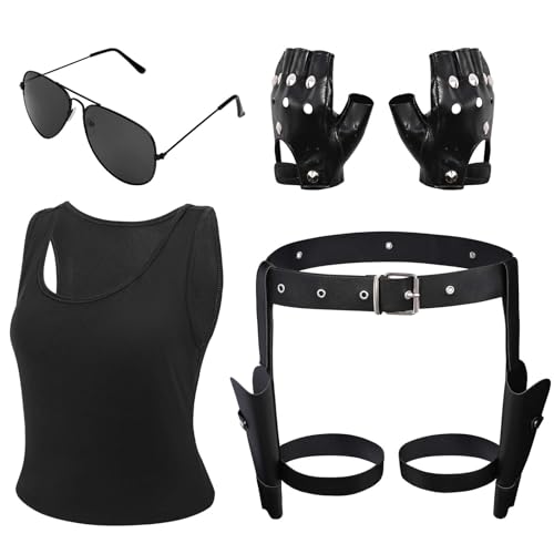 Bofeiya Halloween-Spiel-Cosplay-Kostüm-Zubehör, Tank-Top, Oberschenkelholster, Sonnenbrille, fingerlose Handschuhe für Halloween, Erwachsene, Frauen, Cosplay, Party, Verkleidungsoutfit (X-Large) von Bofeiya