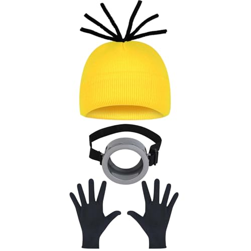 Bofeiya Set mit 3 Steampunk-Brillen, gelbe Beanie, Strickmütze, schwarze Handschuhe für Weihnachten, Halloween, Kostüm, Cosplay, Partyzubehör (Stil 2) von Bofeiya