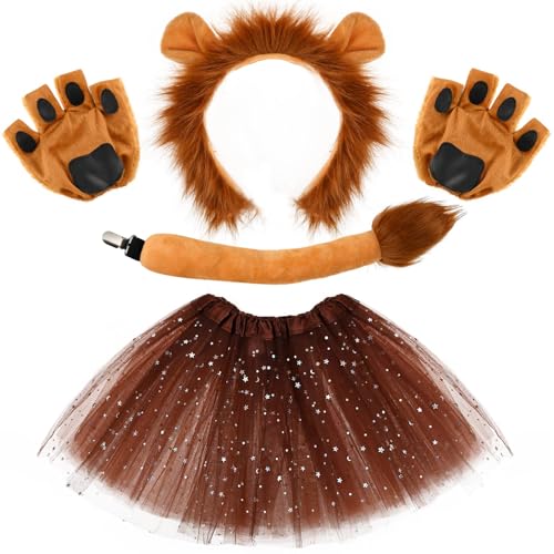 Löwen-Cosplay-Kostüm-Zubehör-Set inklusive braunem Löwen-Stirnband, Handschuhen, Schwanz, Tutu-Rock für Erwachsene, für Tiermotto-Partys, Verkleidungszubehör, 4 Stück Löwen-Cosplay-Kostüm-Zubehör-Set inklusive braunem Löwen-Stirnband, Handschuhen, Schwanz, Tutu-Rock für Erwachsene, für Tiermotto-Partys, Verkleidungszubehör, 4 Stück von Bofeiya
