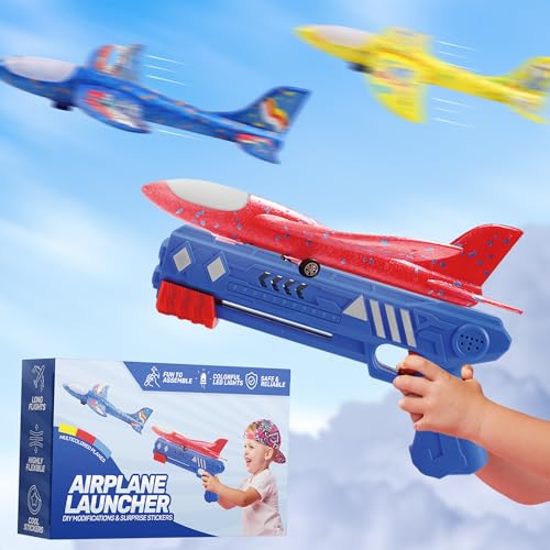 Bogenkönig 3er Set Flugzeug-Launcher Spielzeug: LED-Schaumgleiter-Kits, Katapult, 2 Flugmodi, für Jungen und Mädchen im Alter von 3-12 Jahren, (Blau, Rot und Gelb) von Bogenkönig
