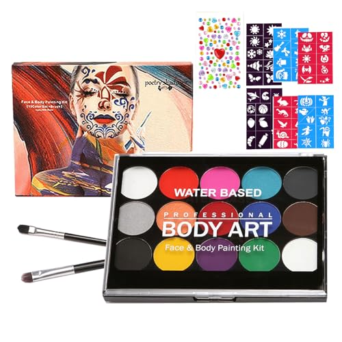 Bogoro 15 Farben Gesichtsbemalung für Halloween, 2 Pinsel, 60 Schablonen, 1 DIY Aufkleber, Face Paint Kit für Kinder, Wasserlöslich, Ungiftig und Harmlos, HypoallergenKarneval Fasching Schminken Set Bogoro 15 Farben Gesichtsbemalung für Halloween, 2 Pinsel, 60 Schablonen, 1 DIY Aufkleber, Face Paint Kit für Kinder, Wasserlöslich, Ungiftig und Harmlos, HypoallergenKarneval Fasching Schminken Set von Bogoro