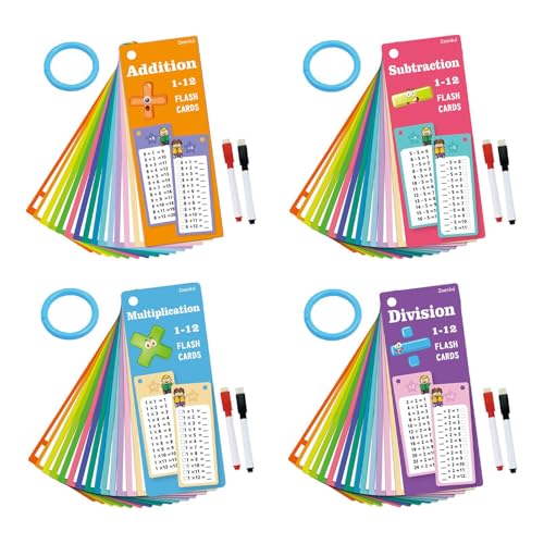 4X Lernkarten Mathematik Für Multiplikation Und Division Mit Übungsblättern,Einmaleins Lernen Spiel,Addition Mathe Lernkarten Mit Abwischbaren Markierungsstift Und Ring,Kartenspiele Für Zuhause,Schule von Bohany