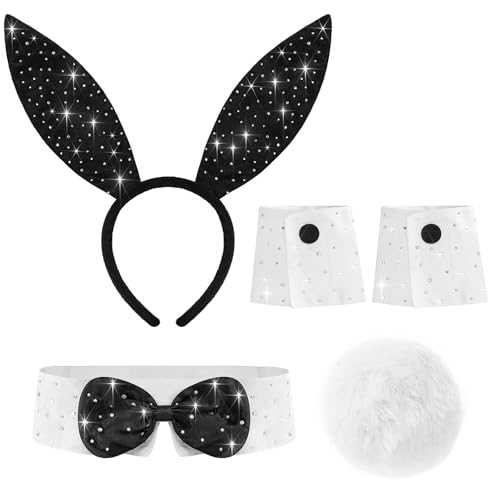 Bohend Strass Bunny Kostüm Zubehör Set mit schwarzen Ohren Stirnband, weißen Manschetten, Fliege und Schwanz, Weiss/opulenter Garten, Einheitsgröße Bohend Strass Bunny Kostüm Zubehör Set mit schwarzen Ohren Stirnband, weißen Manschetten, Fliege und Schwanz, Weiss/opulenter Garten, Einheitsgröße von Bohend