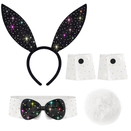 Bohend Strass Bunny Kostüm Zubehör Set mit schwarzen Ohren Stirnband, weißen Manschetten, Fliege und Schwanz, Weiss/opulenter Garten, Einheitsgröße Bohend Strass Bunny Kostüm Zubehör Set mit schwarzen Ohren Stirnband, weißen Manschetten, Fliege und Schwanz, Weiss/opulenter Garten, Einheitsgröße von Bohend