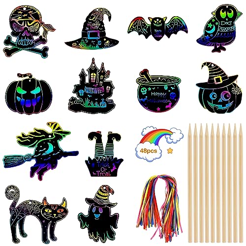 Halloween Kratzbilder, 48 Stück Halloween Scratch Art für Kinder mit Elastischen Kordeln und Holz Stylus Kratzbilder für Kinder zum Basteln Halloween Kratzbilder Set für Halloween DIY Halloween Kratzbilder, 48 Stück Halloween Scratch Art für Kinder mit Elastischen Kordeln und Holz Stylus Kratzbilder für Kinder zum Basteln Halloween Kratzbilder Set für Halloween DIY von Bohrma