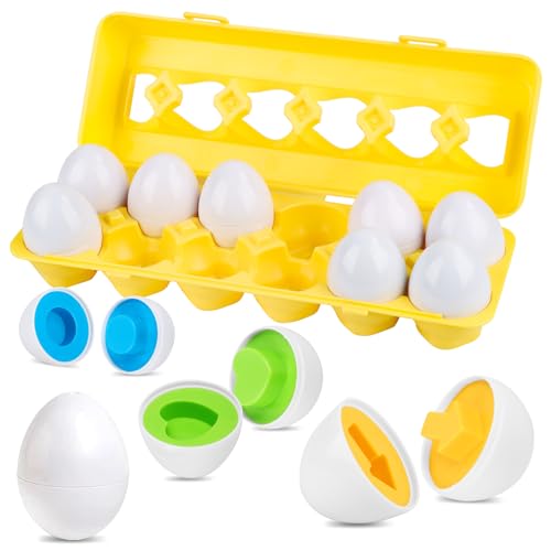 Montessori Spielzeug ab 1 Jahr, assende Eier 12PCS Montessori Eier Spielzeug Farb und Formerkennung Sortierer Puzzle-Fähigkeiten Lernspielzeug Farbe & Form Erkennung Sorter Skills für Kleinkinder von Bohrma