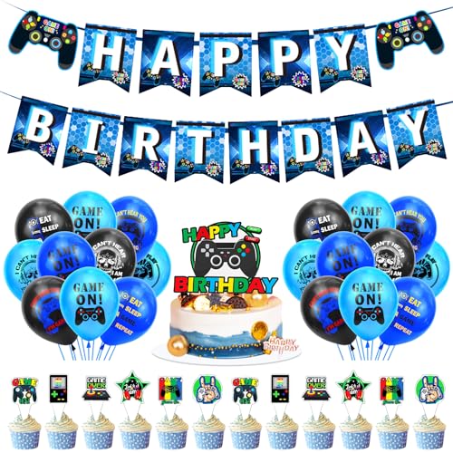 Videospiel Geburtstagsdeko Schwarz Blau Videospiel Luftballon Einschließlich Banner, Cake Topper Gamecontroller Luftballons Party Deko Gamer Ballons für geburtstagsdeko jungen von Bohrma