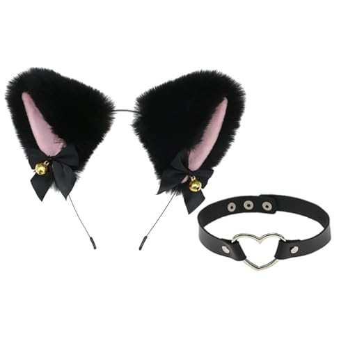Bohue 2 schwarze Katzenohren Stirnband und Herz Leder Choker Katze Cosplay Kostüm Frauen Halloween Cosplay Zubehör für Mädchen und Frauen von Bohue