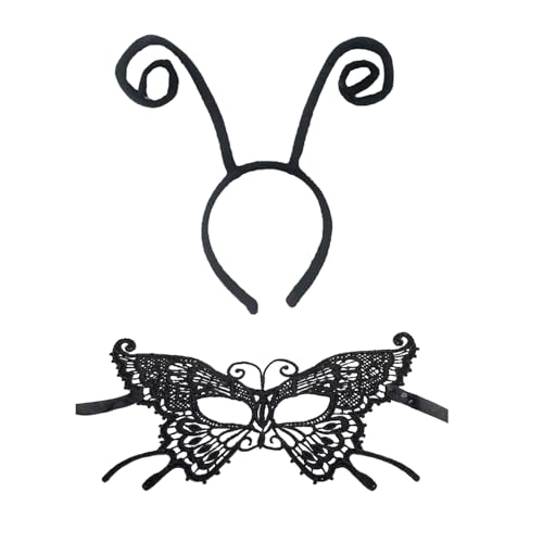 Bohue 2 x Schmetterlings-Spitzenmaske und Stirnband, Maskenmasken, Halloween-Antennen-Stirnband, Halloween-Party-Requisiten für Frauen Bohue 2 x Schmetterlings-Spitzenmaske und Stirnband, Maskenmasken, Halloween-Antennen-Stirnband, Halloween-Party-Requisiten für Frauen von Bohue