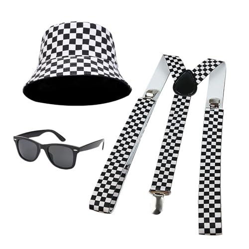 Bohue 3 Stück 80er Jahre Ska zweifarbiges Kostümzubehör karierte Hosenträger Eimer Hut schwarze Sonnenbrille Retro Ska Kit Fancy Party Zubehör für Unisex Bohue 3 Stück 80er Jahre Ska zweifarbiges Kostümzubehör karierte Hosenträger Eimer Hut schwarze Sonnenbrille Retro Ska Kit Fancy Party Zubehör für Unisex von Bohue
